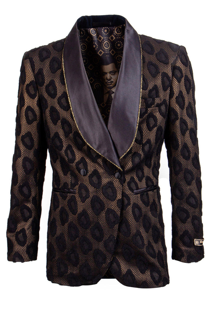 Men's Double Breasted Cheetah Print Tuxedo Dinner Smoking Jacket in Black & Gold by Empire