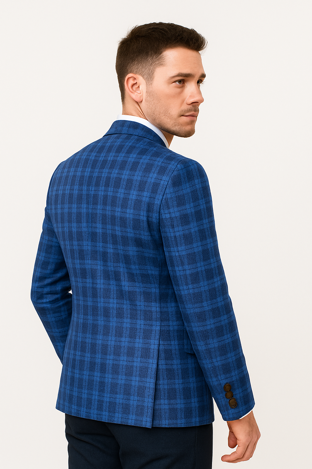 Back View Man Wearing Blue Check-Blazer