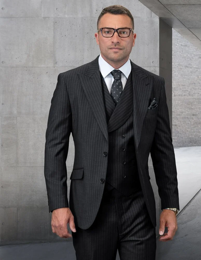 Mens Gangster Pinstripe 2 Button Double Breasted Vest Grey Suit by Statement