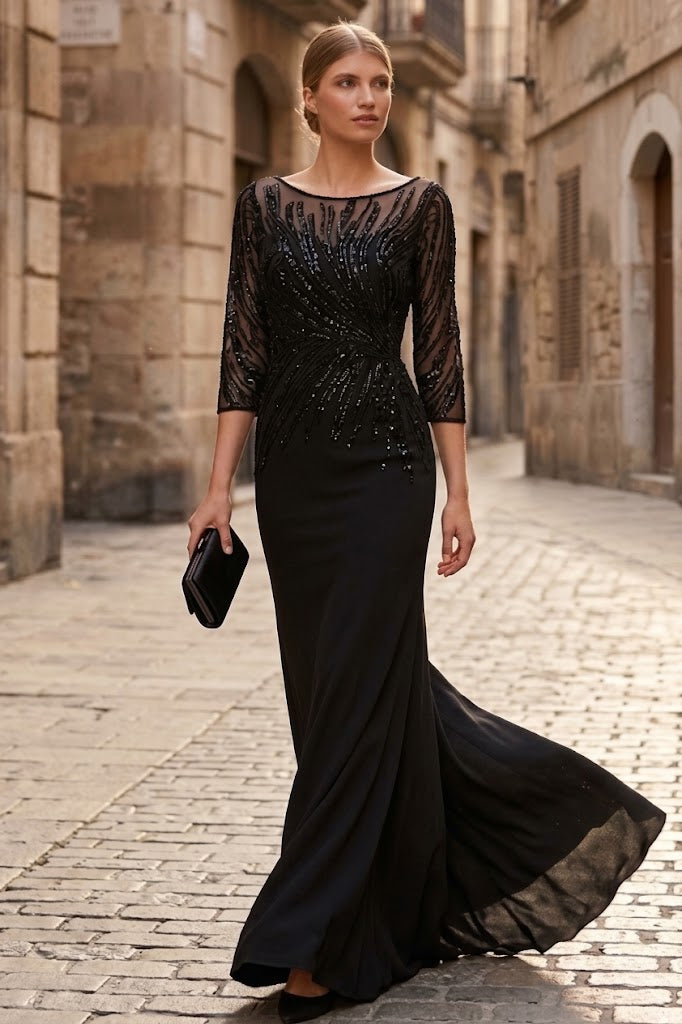 Nox Anabel MH137 Long Sleeve Mother of the Bride Dress with Elegant Beaded 3/4 Sleeves