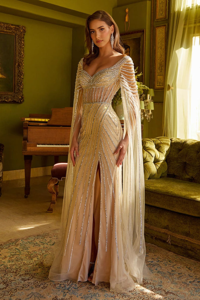 Champagne Special Occasion Dress Beaded Prom Gown by GLS Gloria GL3624