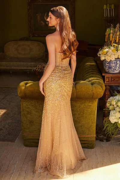 Gold Evening Gown Beaded Fitted Strapless Slit Dress GLS Gloria GL3581