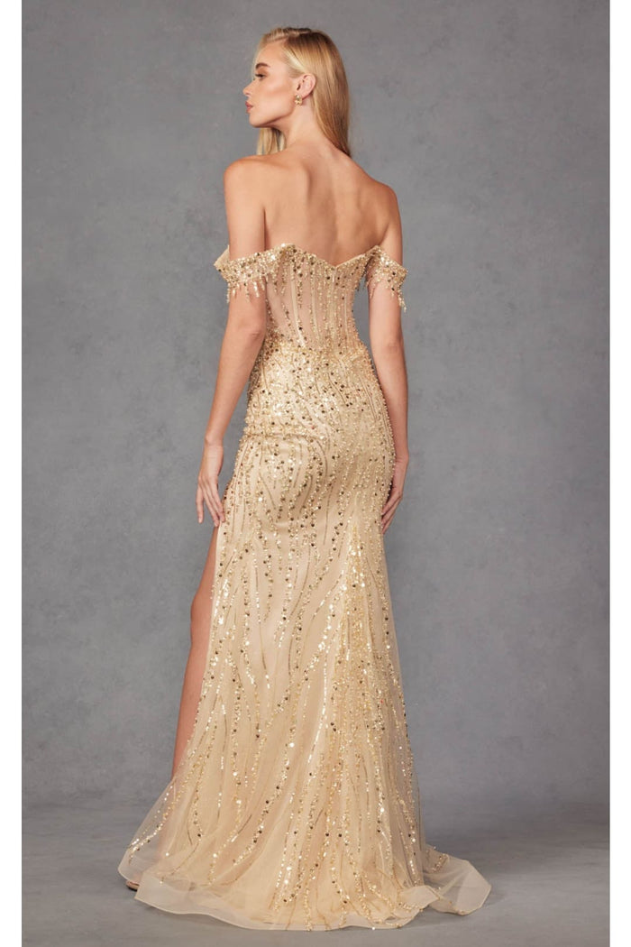 Beaded Fringe Sleeve Prom Gown by Juliet JT2471L