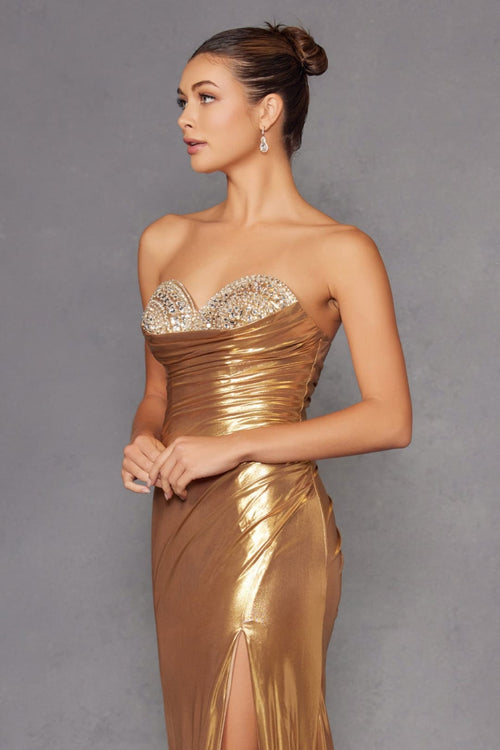 Beaded Metallic Strapless Slit Gown by Juliet JT2501A