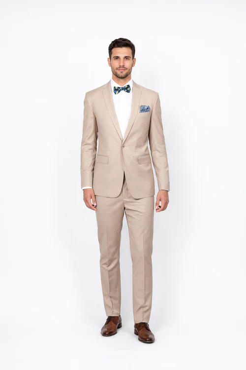 Beige Slim Fit Suit for Men by Rossiman Rossi - Tailored Skinny Fit Formal Suit - Italian 3-Piece Luxury Design USA Men's Outlet