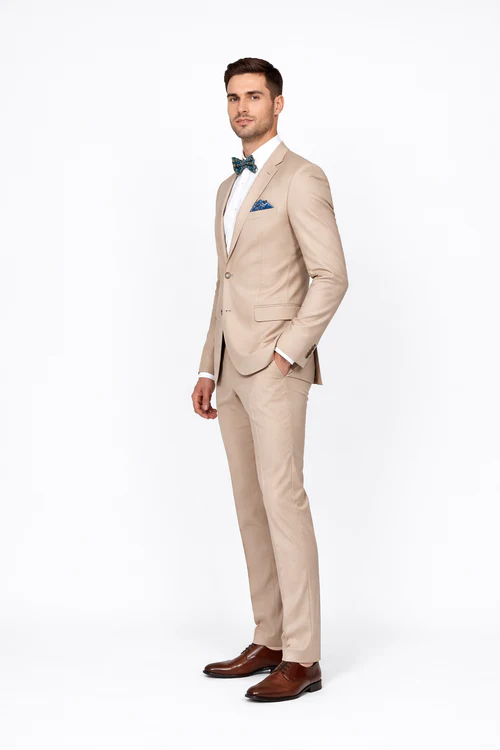 Beige Slim Fit Suit for Men by Rossiman Rossi - Tailored Skinny Fit Formal Suit - Italian 3-Piece Luxury Design USA Men's Outlet