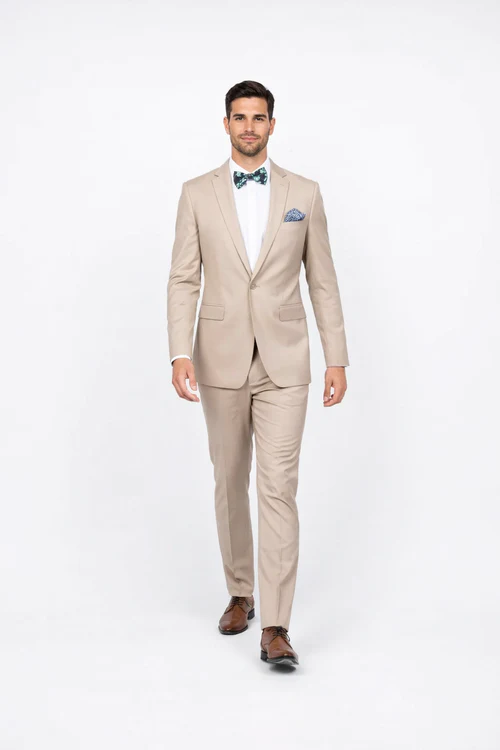 Beige Slim Fit Suit for Men by Rossiman Rossi - Tailored Skinny Fit Formal Suit - Italian 3-Piece Luxury Design USA Men's Outlet