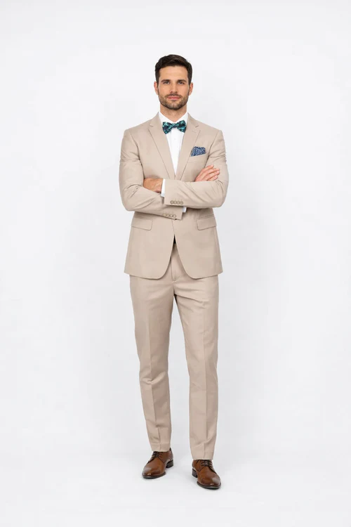 Beige Slim Fit Suit for Men by Rossiman Rossi - Tailored Skinny Fit Formal Suit - Italian 3-Piece Luxury Design USA Men's Outlet