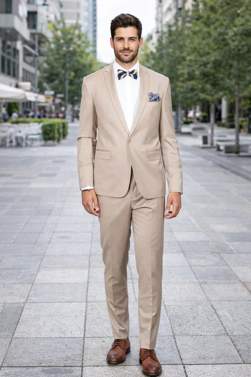 Beige Slim Fit Suit for Men by Rossiman Rossi - Tailored Skinny Fit Formal Suit - Italian 3-Piece Luxury Design USA Men's Outlet
