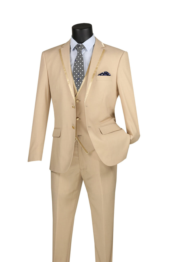 Beige Trimmed Lapel Slim Fit 3 Piece Suit by Vinci