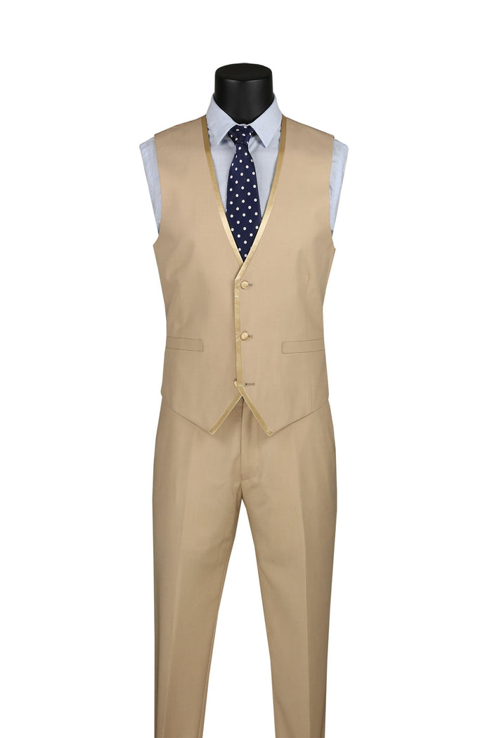 Beige Trimmed Lapel Slim Fit 3 Piece Suit by Vinci