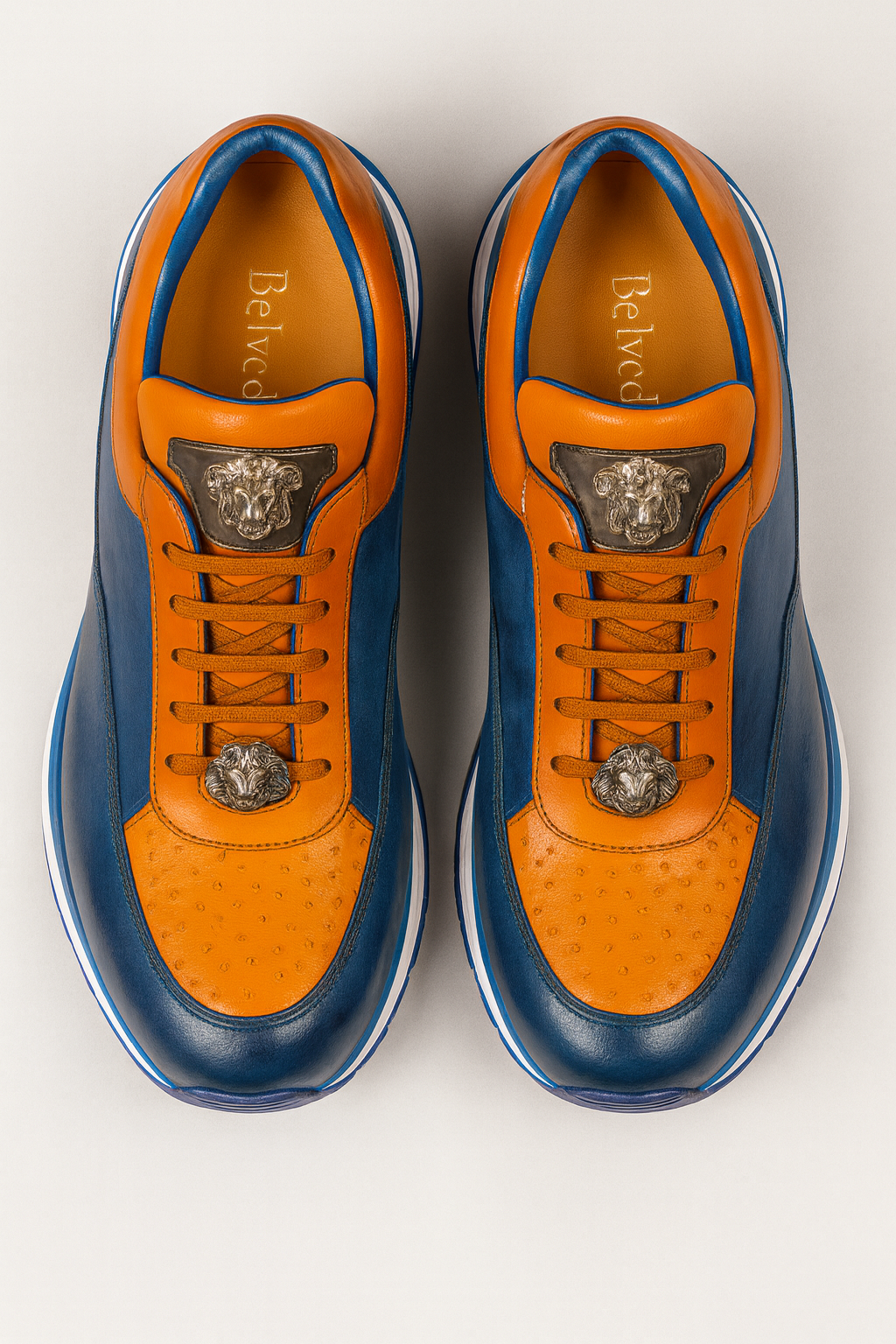 Belvedere  Flash Men's Shoes Blue Safari & Almond Exotic Ostrich / Calf-skin Leather Casual Sneakers