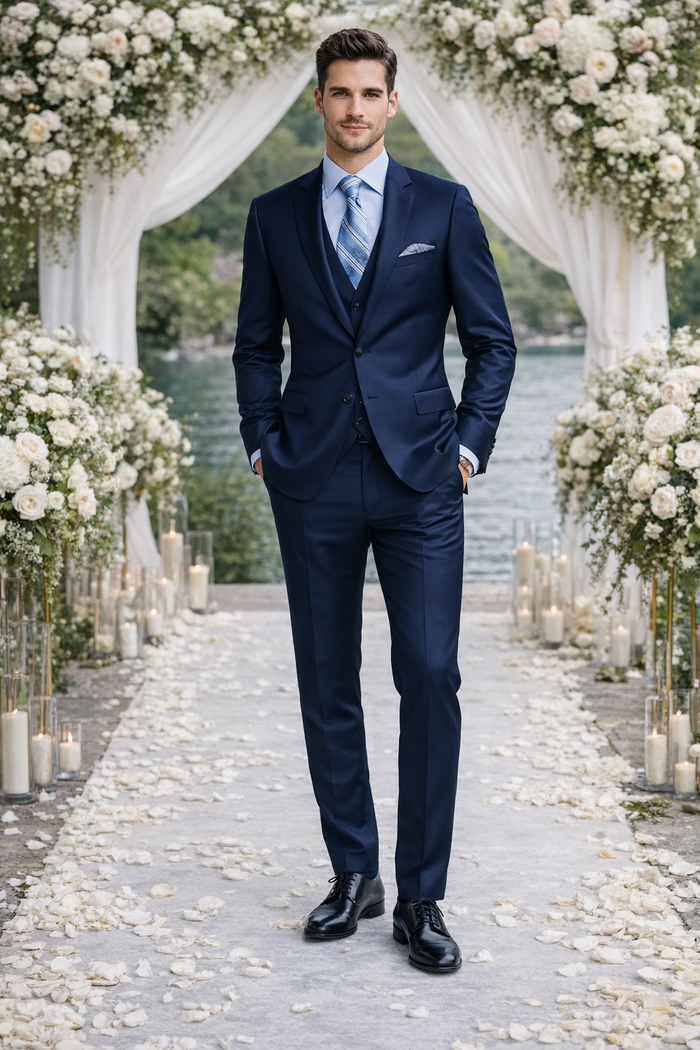 Bertolini 3 Piece Wool/Silk Solid Navy Suit by Usamensoutlet
