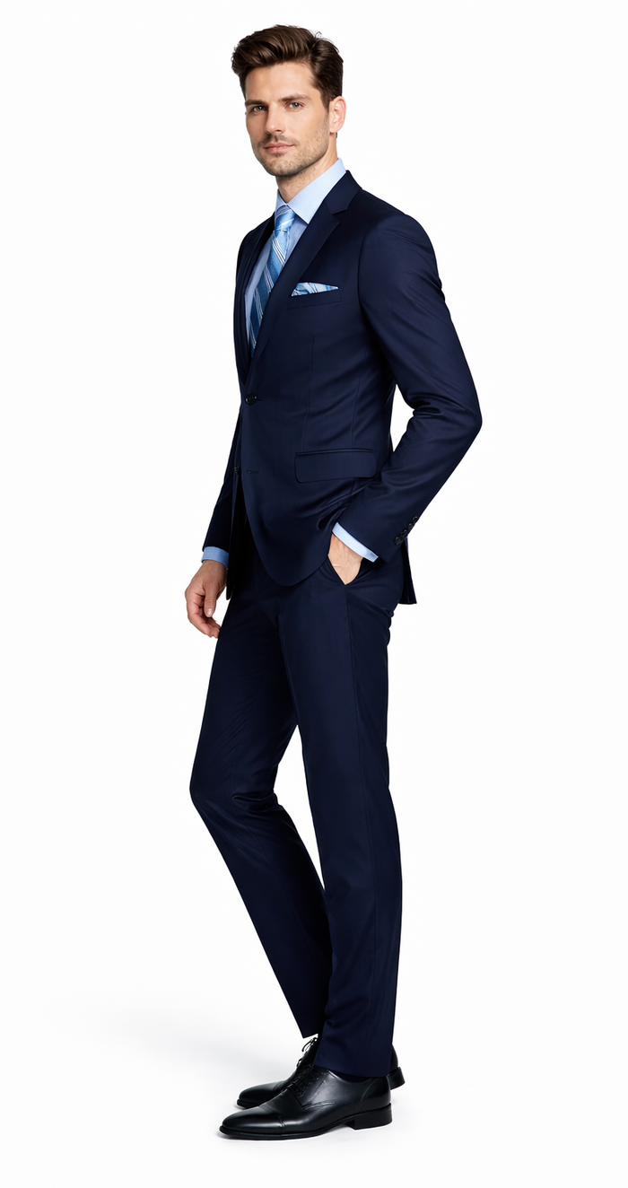 Bertolini 3 Piece Wool/Silk Solid Navy Suit by Usamensoutlet