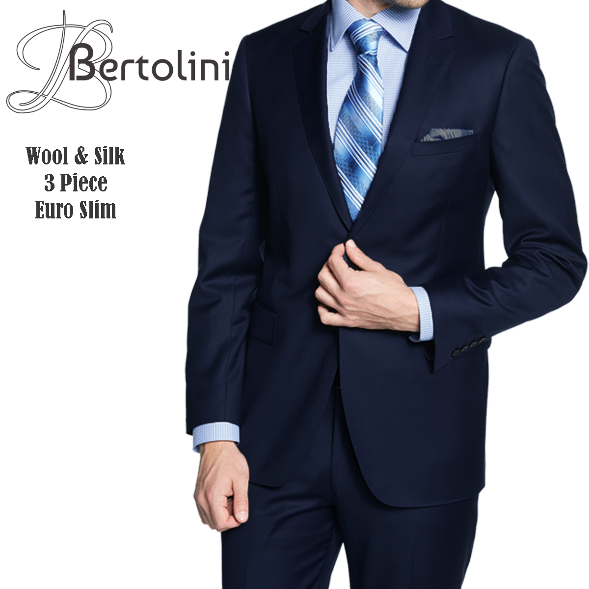 Bertolini 3 Piece Wool/Silk Solid Navy Suit by Usamensoutlet
