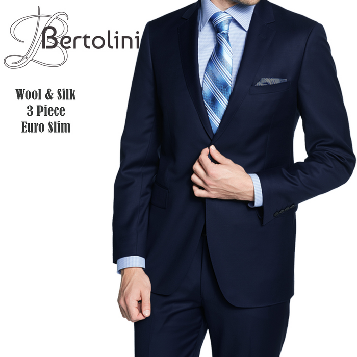 Bertolini 3 Piece Wool/Silk Solid Navy Suit by Usamensoutlet