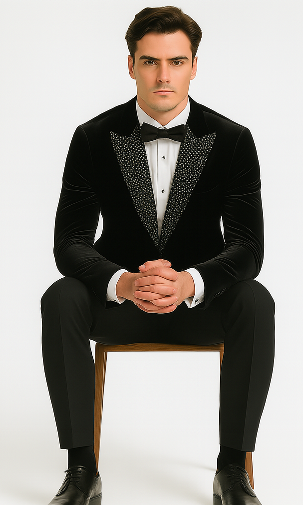 Big and Tall Velvet Blazer in Color Black  - Sportcoat  Rhinestone-Embedded  Stacy Adams