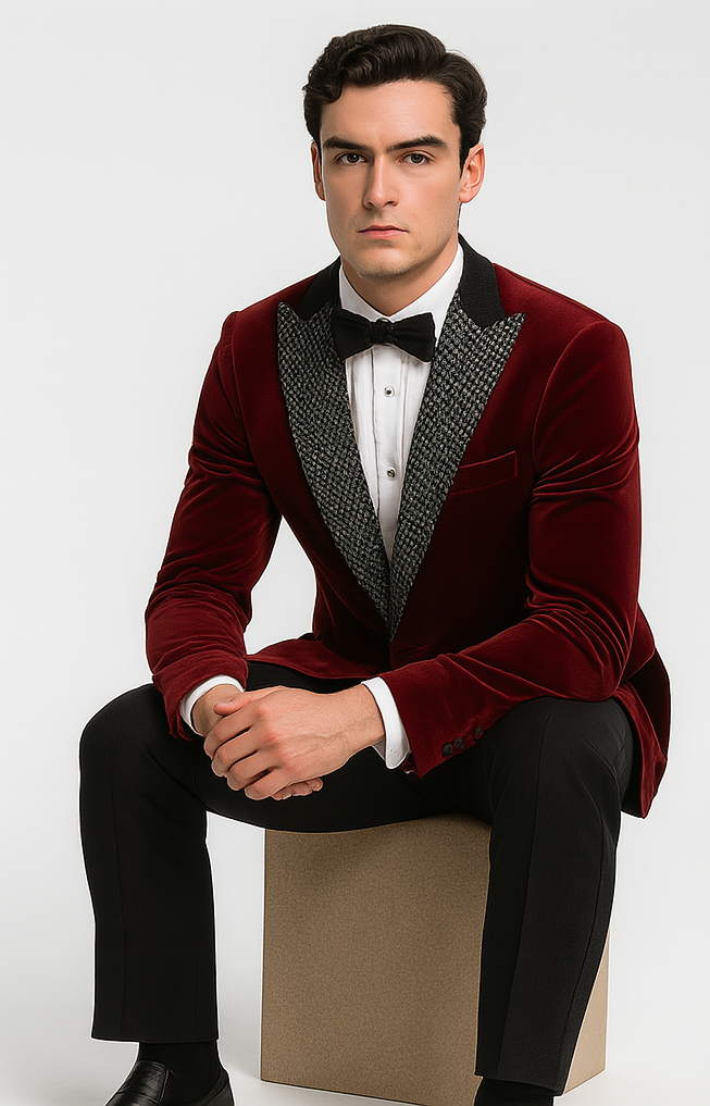 Big and Tall Velvet Blazer in Color Burgundy- Sportcoat Rhinestone-Embedded Stacy Adams