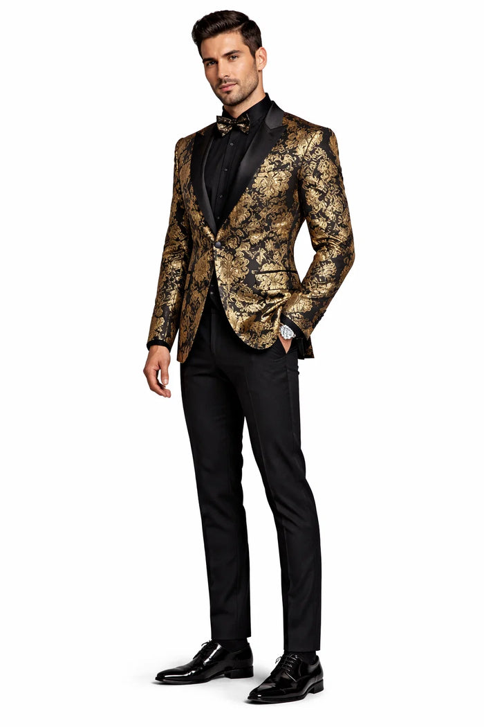 Black and Gold Prom Suit - Mens Paisley Velvet Foil Smoking Gold Jacket