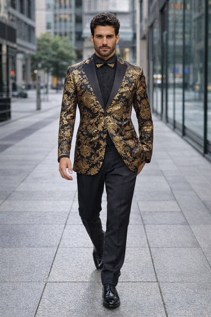 Black and Gold Prom Suit - Mens Paisley Velvet Foil Smoking Gold Jacket