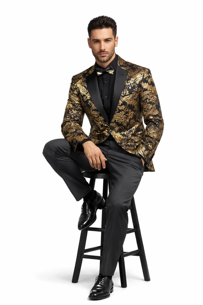 Black and Gold Prom Suit - Mens Paisley Velvet Foil Smoking Gold Jacket
