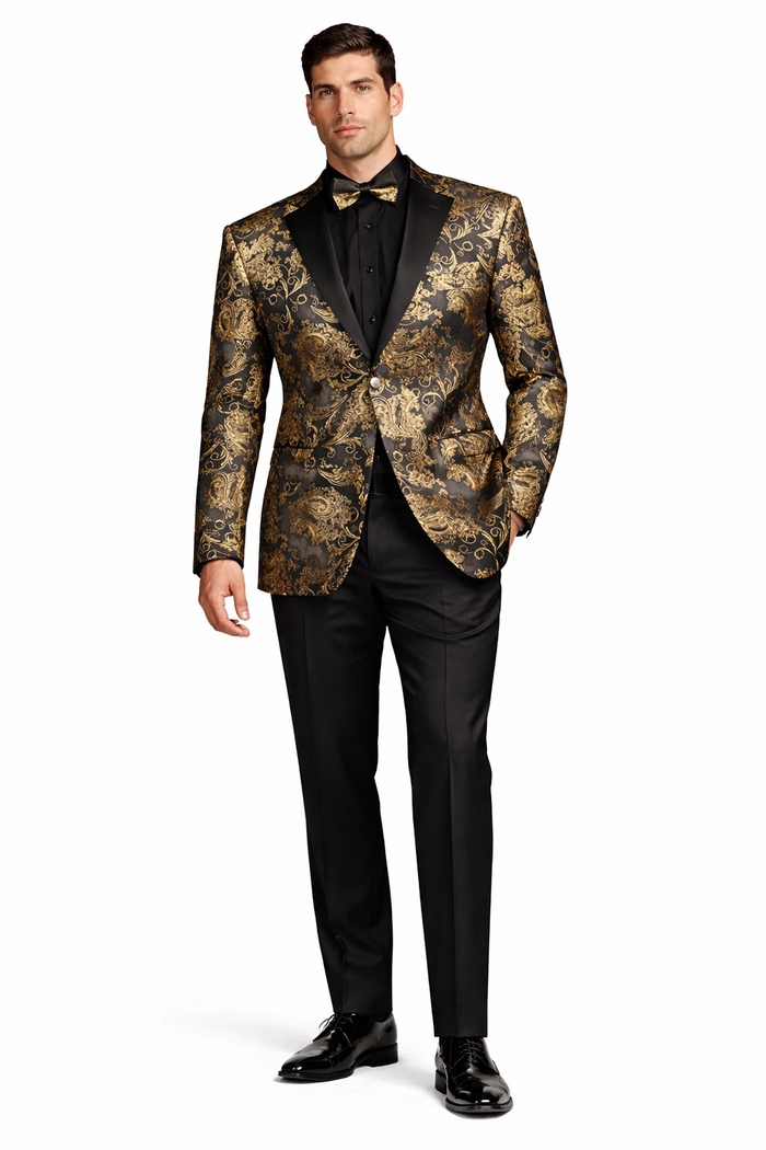 Black and Gold Prom Suit - Mens Paisley Velvet Foil Smoking Gold Jacket