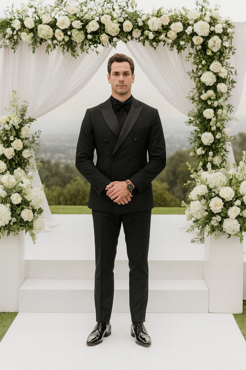 Black Double Breasted Slim Fit Tuxedo Peak Lapel - Wedding - Prom