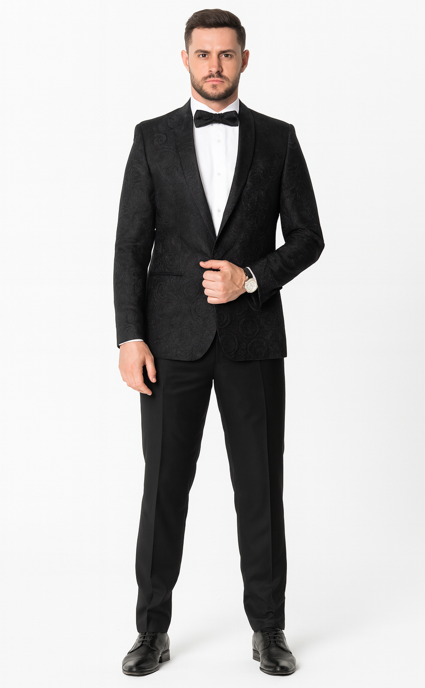 Black Floral Tuxedo Jacket with Shawl Lapel – Wedding & Prom – SuitUSA