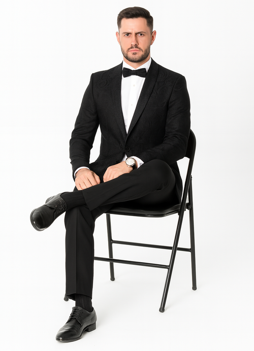 Black Floral Tuxedo Jacket with Shawl Lapel – Wedding & Prom