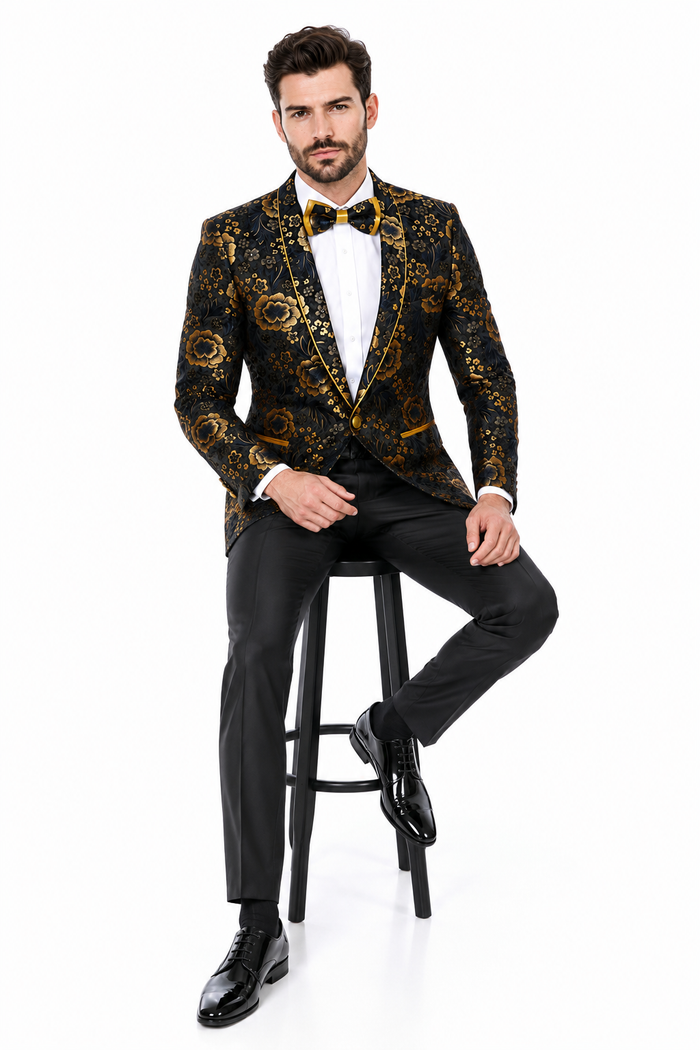 'Exquisite Black & Gold Paisley Prom and Wedding Dinner Jacket for Sophisticated Grooms and Prom Kings'