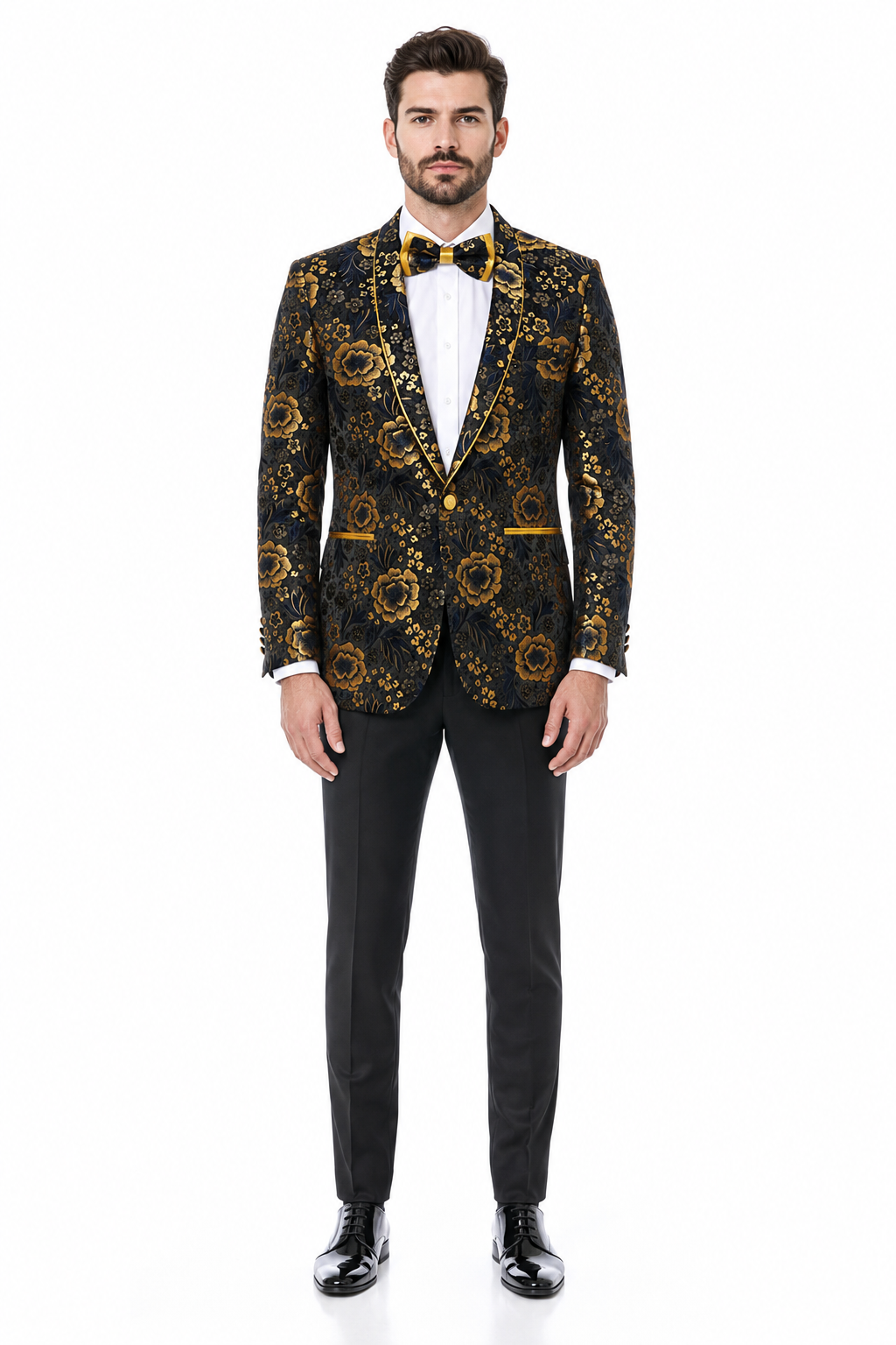 'Exquisite Black & Gold Paisley Prom and Wedding Dinner Jacket for Sophisticated Grooms and Prom Kings'