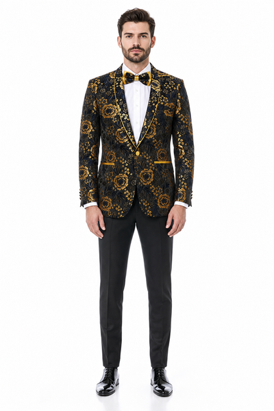 'Exquisite Black & Gold Paisley Prom and Wedding Dinner Jacket for Sophisticated Grooms and Prom Kings'