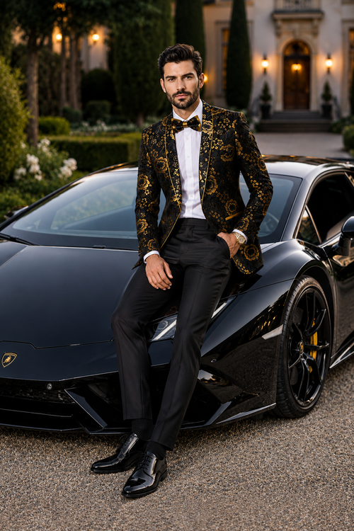 'Exquisite Black & Gold Paisley Prom and Wedding Dinner Jacket for Sophisticated Grooms and Prom Kings'