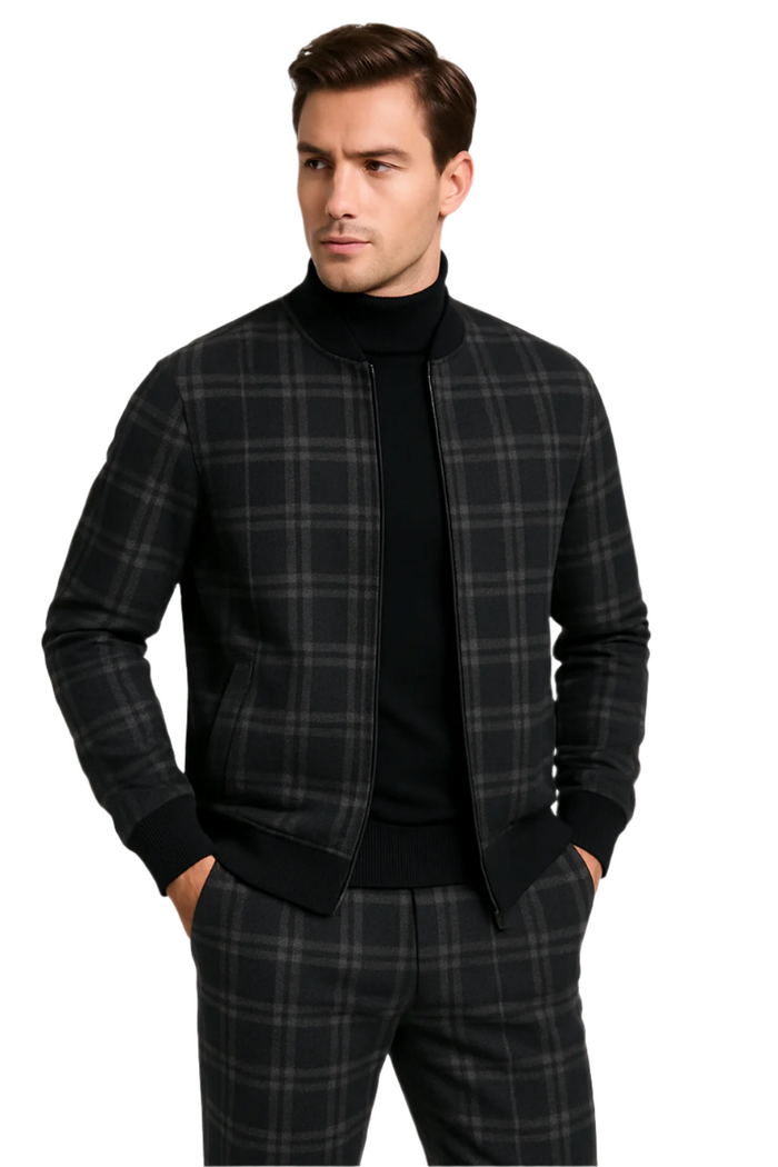 Men's Tazio Track Suit Set: Stylish Black Plaid Jacket & Pant