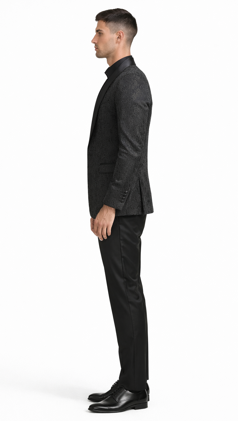 Black Tuxedo Jacket Paisley Pattern Slim Fit - Wedding - Prom