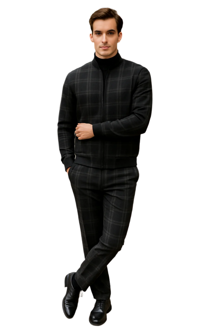 Men's Tazio Track Suit Set: Stylish Black Plaid Jacket & Pant