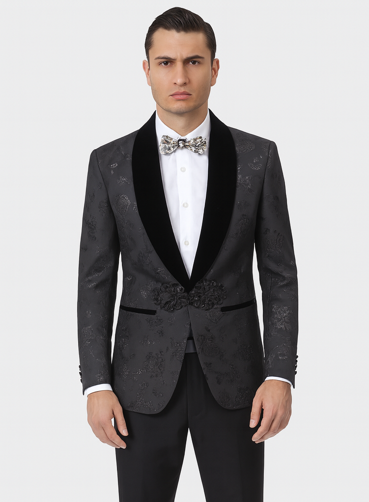 Black Prom Suit - Mens Shiny Paisley Prom Smoking Black Tuxedo