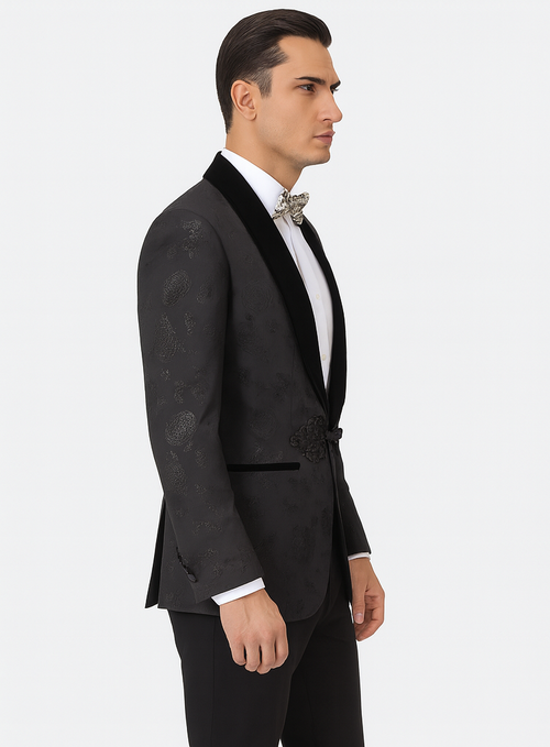 Black Prom Suit - Mens Shiny Paisley Prom Smoking Black Tuxedo