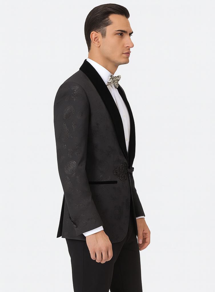 Black Prom Suit - Mens Shiny Paisley Prom Smoking Black Tuxedo