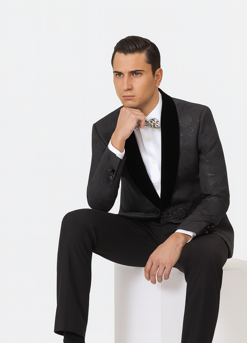 Black Prom Suit - Mens Shiny Paisley Prom Smoking Black Tuxedo