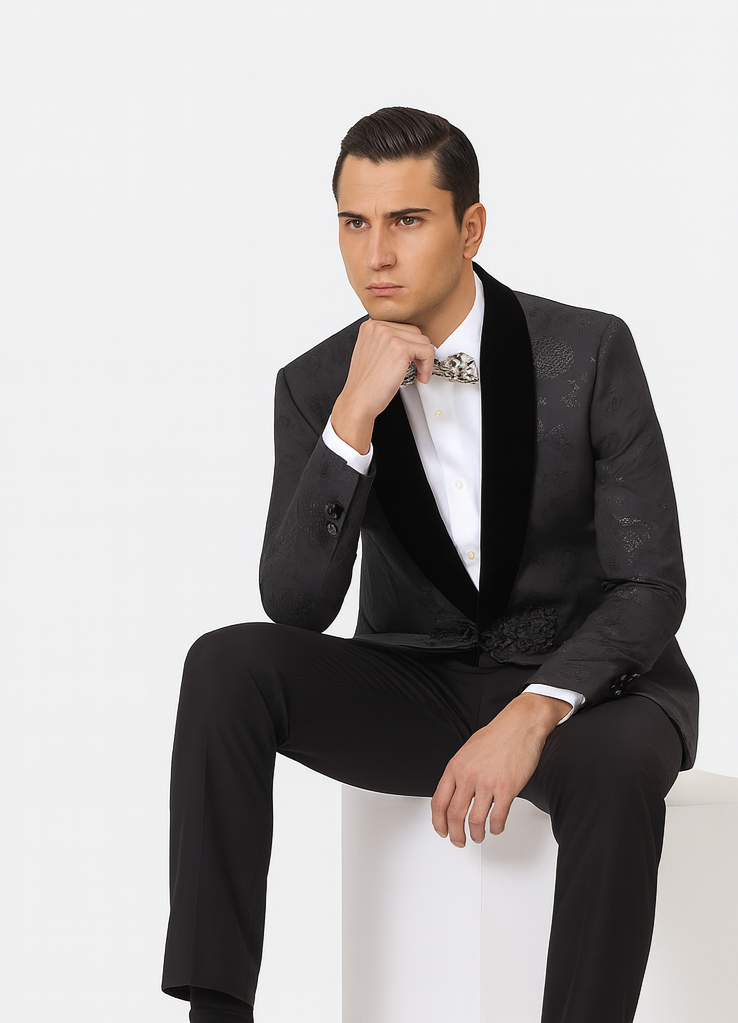 Black Prom Suit - Mens Shiny Paisley Prom Smoking Black Tuxedo