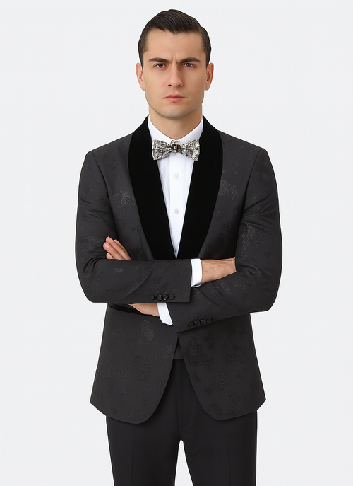 Black Prom Suit - Mens Shiny Paisley Prom Smoking Black Tuxedo