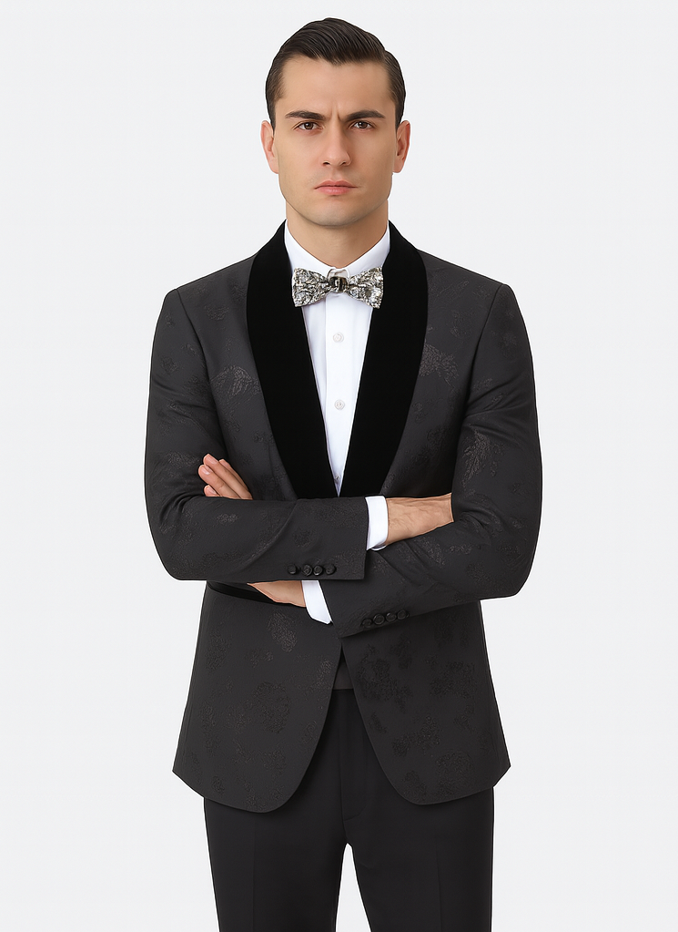 Black Prom Suit - Mens Shiny Paisley Prom Smoking Black Tuxedo