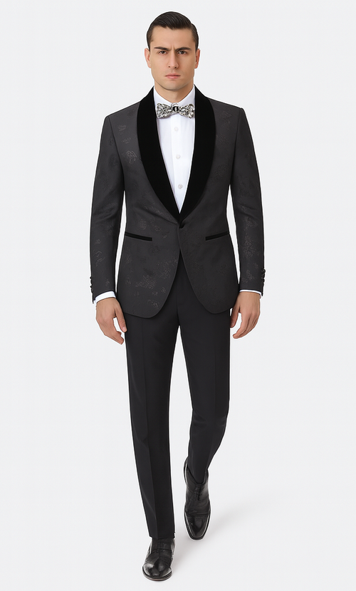 Black Prom Suit - Mens Shiny Paisley Prom Smoking Black Tuxedo