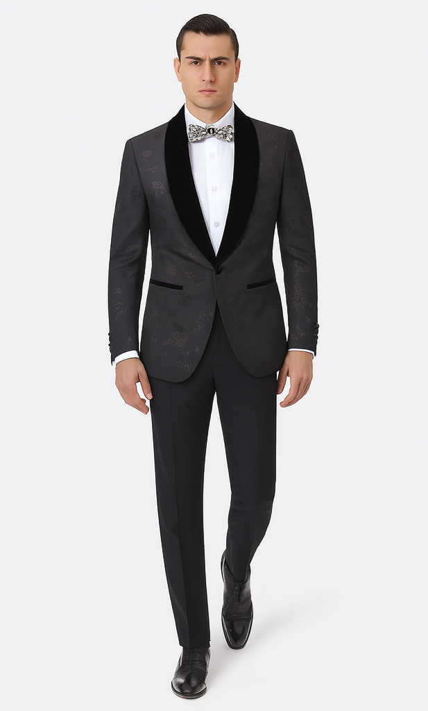 Black Prom Suit - Mens Shiny Paisley Prom Smoking Black Tuxedo