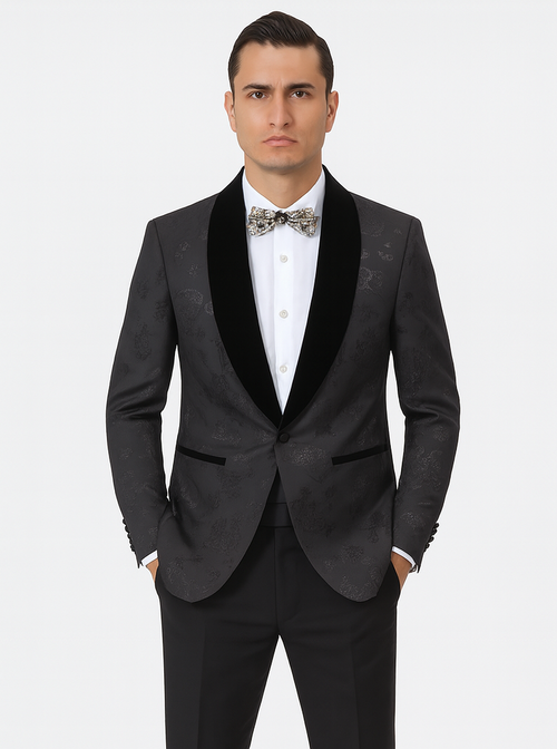 Black Prom Suit - Mens Shiny Paisley Prom Smoking Black Tuxedo