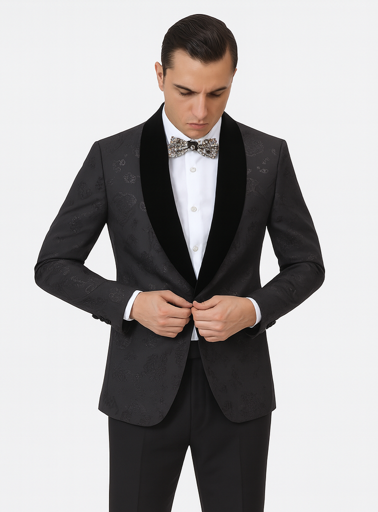 Black Prom Suit - Mens Shiny Paisley Prom Smoking Black Tuxedo