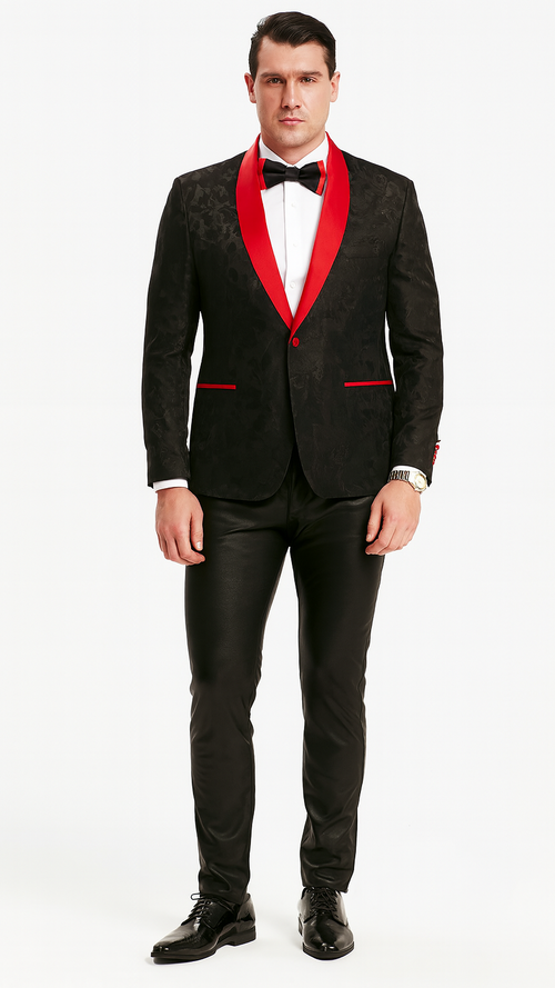 Black and Red Tuxedo Jacket Floral Pattern Slim Fit - Wedding - Prom