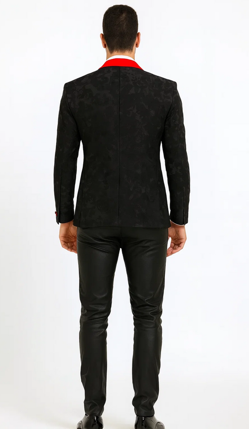 Black and Red Tuxedo Jacket Floral Pattern Slim Fit - Wedding - Prom