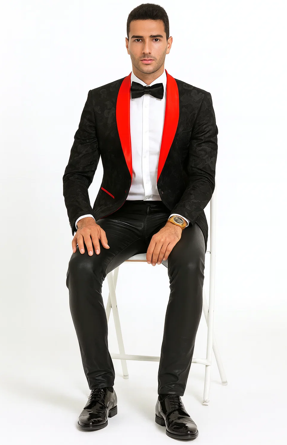 Black and Red Tuxedo Jacket Floral Pattern Slim Fit - Wedding - Prom